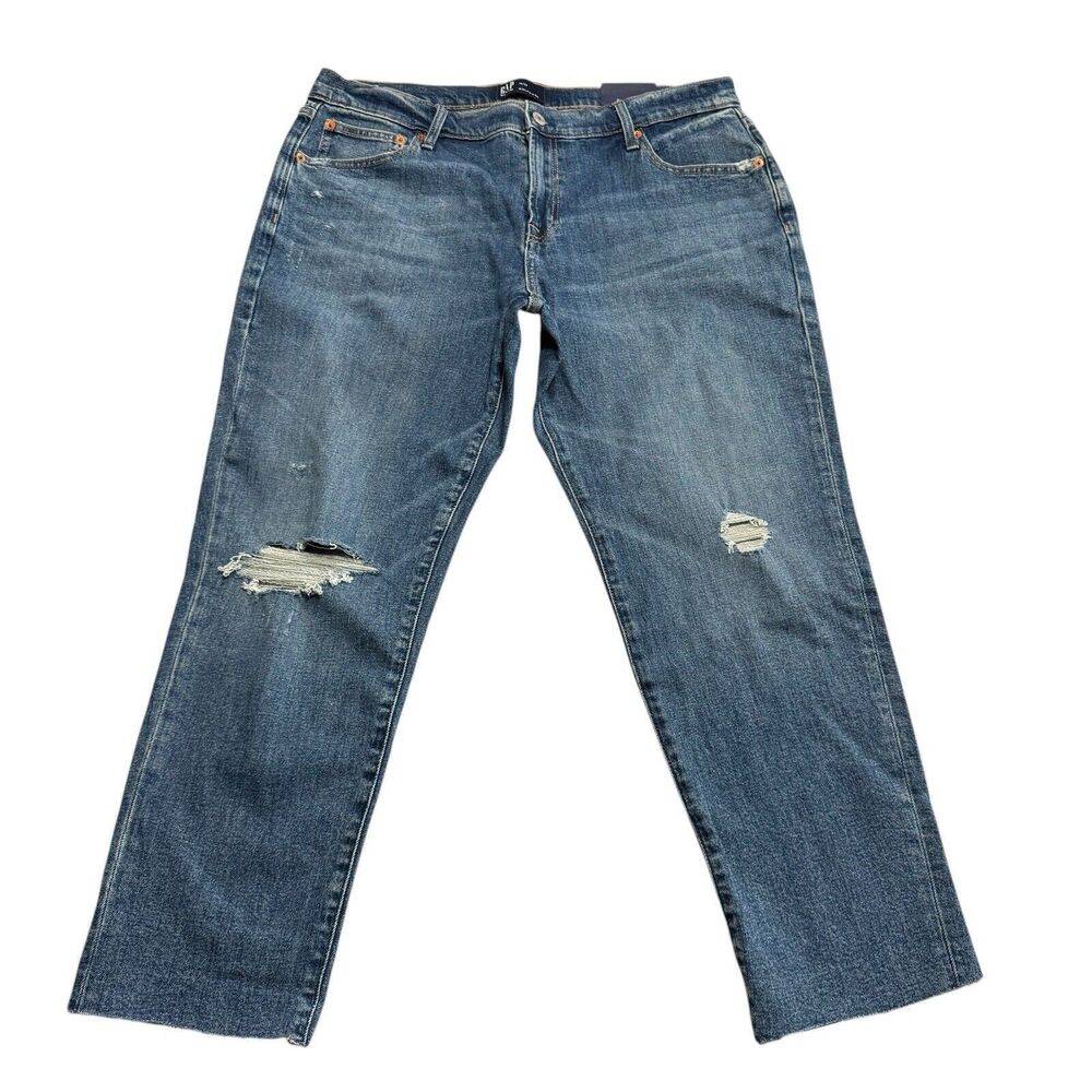 GAP Girlfriend Jeans Size 14/32 Tapered Distressed Raw Hem Indigo Destroy 512197